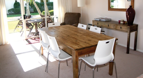 Family dining area inside a 3 bedroom holiday apartment at the Pacific Palms Resort in Papamoa, Tauranga